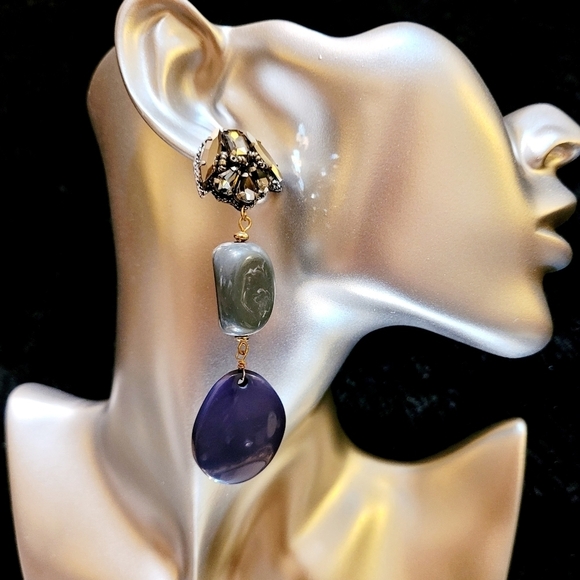 MARCASITE MARBLED ACRYLIC OVERSIZE BEADED RETRO DROP EARRINGS - Picture 2 of 15